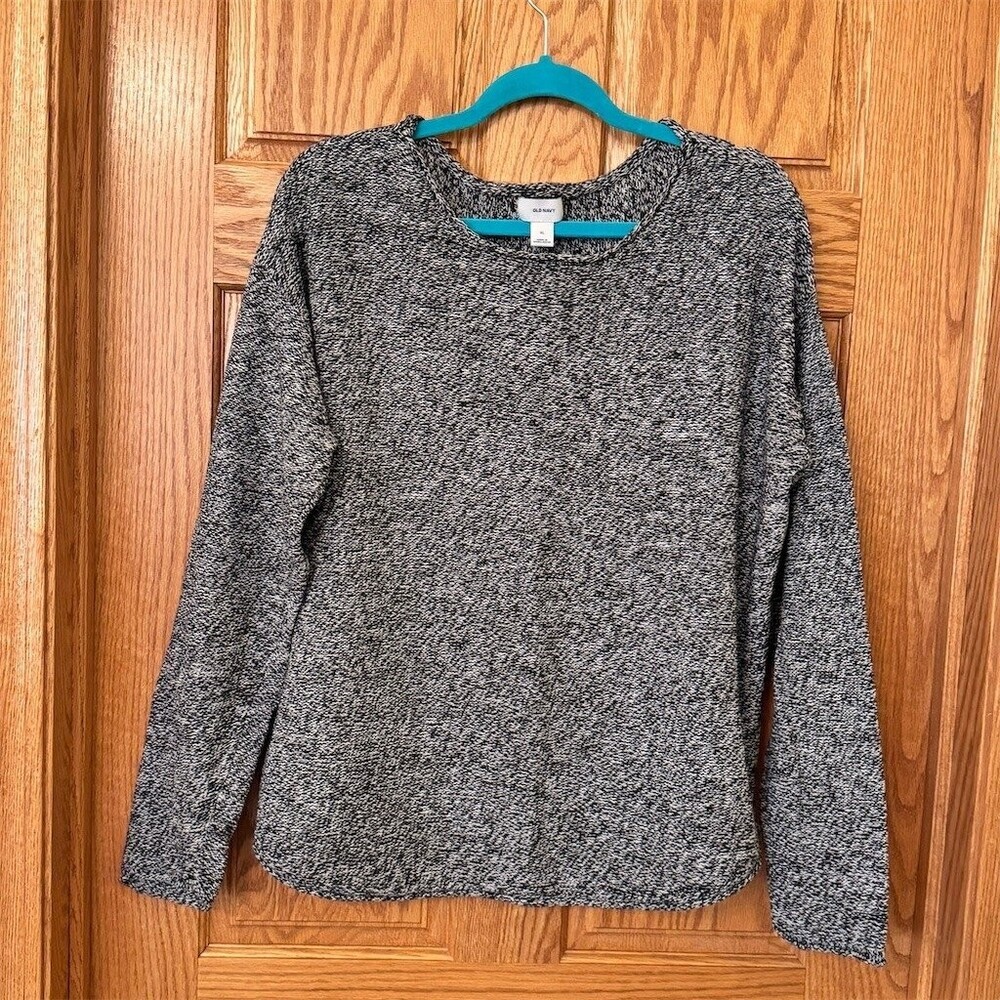 Old Navy Sweater Womens XL Black White Marled Knit Pullover Crewneck